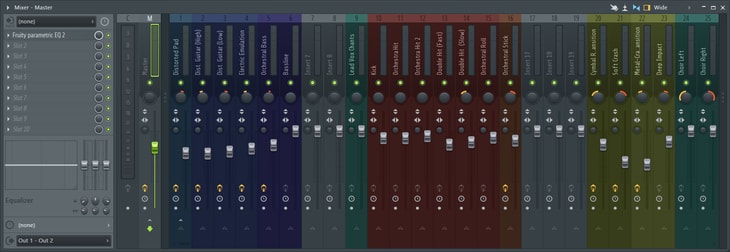 A mixer rack displaying volume sliders used to balance the output levels of each track independently.