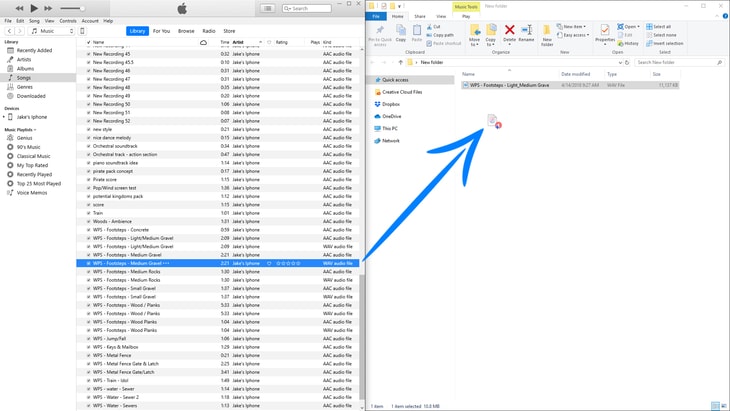 Dragging a file from iTunes to a folder on the computer.