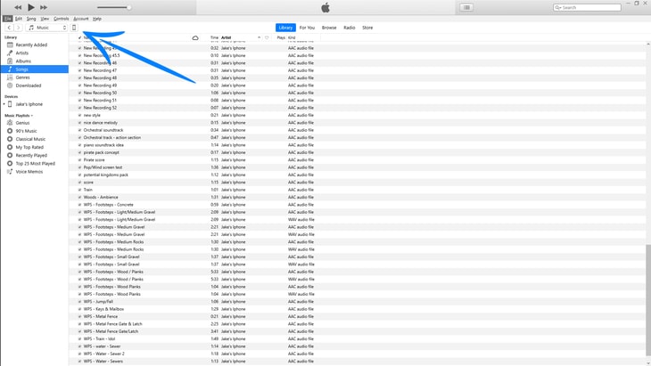 An arrow pointing to the Device icon near the top left of iTunes.