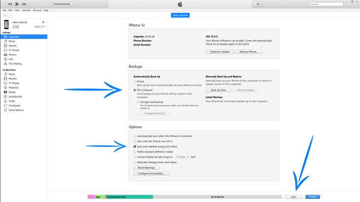 Showing the location of the Backup location, syncing options, and the sync button location in the devices page.