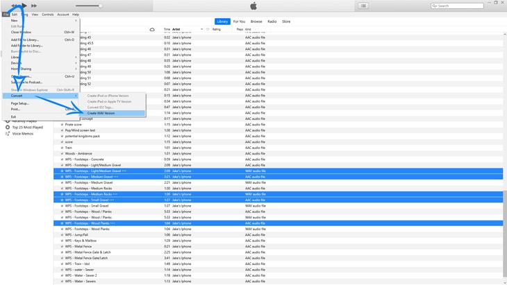 Showing the dropdown for the "File" menu with "Create WAV/MP3 selected in the "Convert" sub-menu.